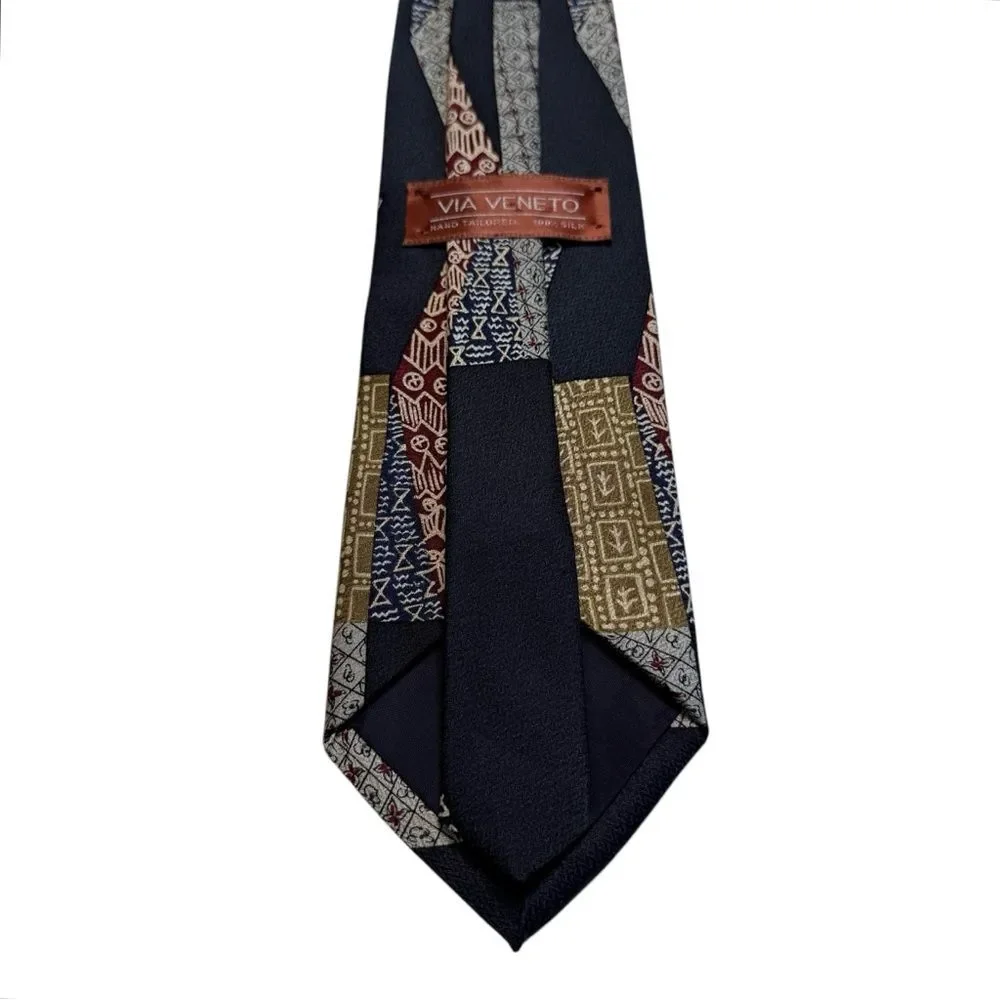 Via Veneto Hand Tailored 100% Silk Necktie Tie Patchwork Print